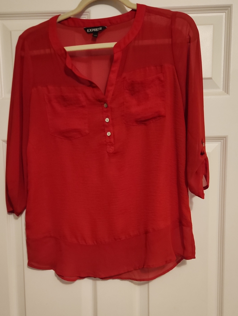 Express Women’s Red Semi-Sheer Button-Front Blouse